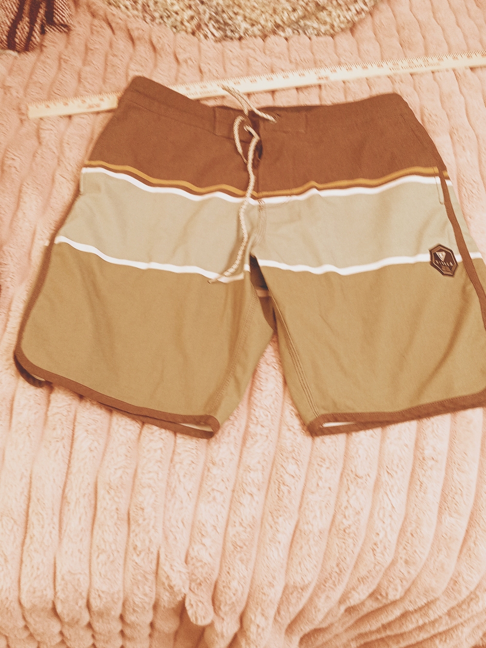 VISSLA Olive, Brown and White Striped Board Shorts